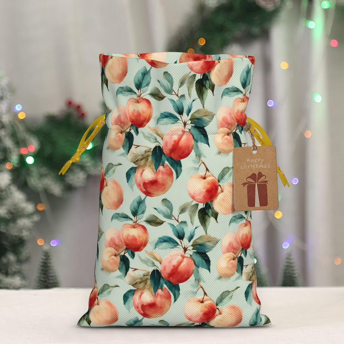 Qewfoju Fruits Peach 1 Pattern Holiday Gift Bags Christmas Burlap Gift Bags Drawstring for Wedding Party Favors Xmas Gifts Couple Shower Small