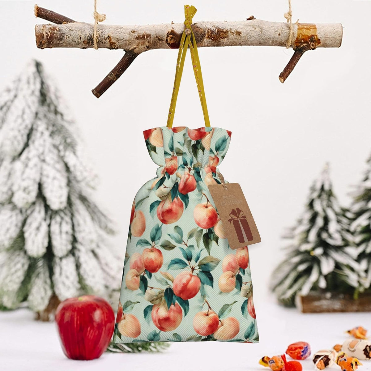 Qewfoju Fruits Peach 1 Pattern Holiday Gift Bags Christmas Burlap Gift Bags Drawstring for Wedding Party Favors Xmas Gifts Couple Shower Small