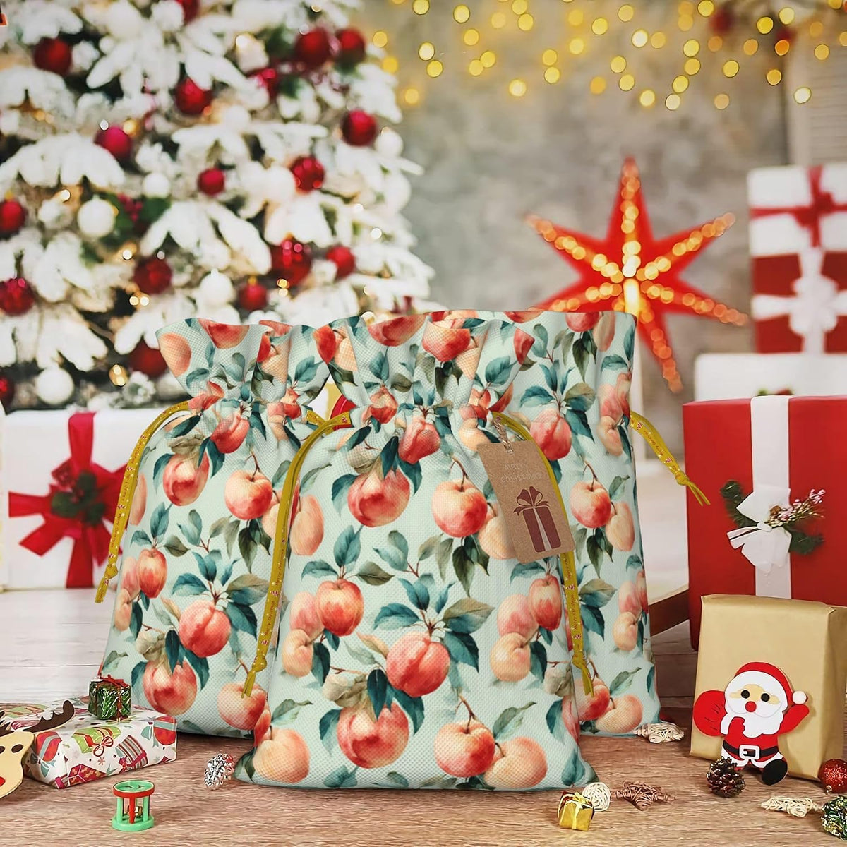 Qewfoju Fruits Peach 1 Pattern Holiday Gift Bags Christmas Burlap Gift Bags Drawstring for Wedding Party Favors Xmas Gifts Couple Shower Small