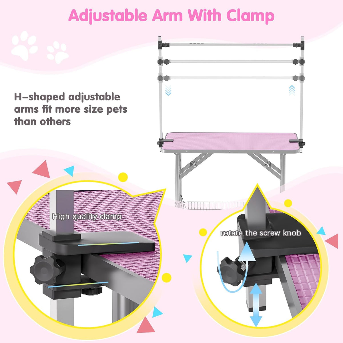 36'' Stainless Steel Pet Dog Grooming Table, Arm/Noose/Tray, Pink