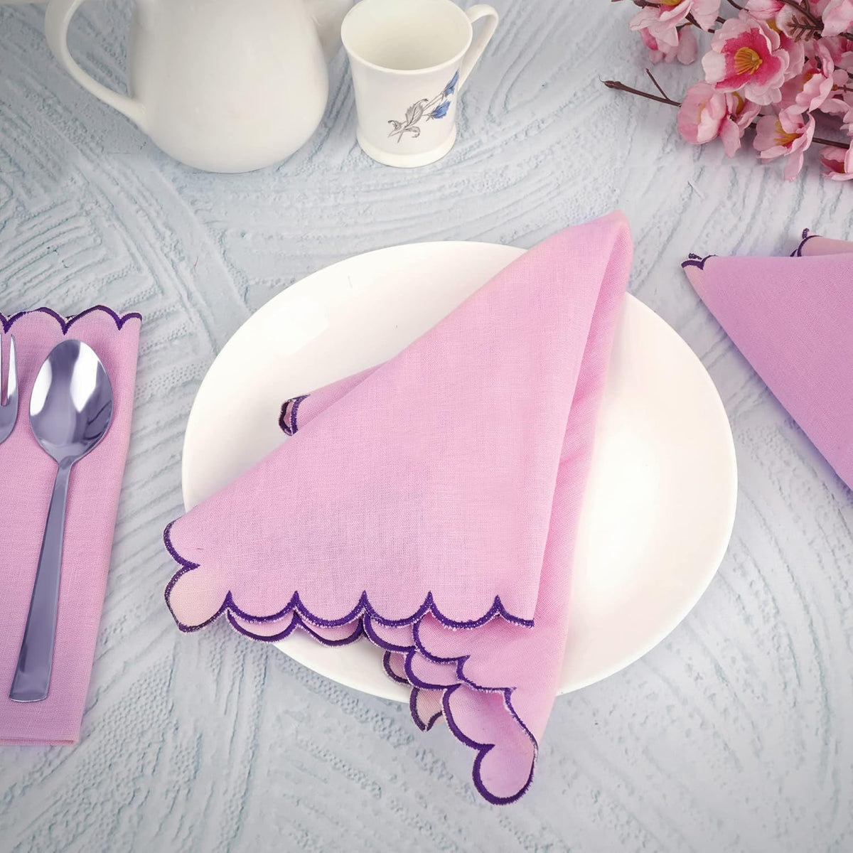 FINGERCRAFT Cloth Napkins, Everyday Use Reversible Scallop Design, Premium Quality Cotton Linen Blend Napkin Set of 6 Perfect for Parties Dinners Weddings Easter Napkin Cloth 20x20 Inch Pastel Rose