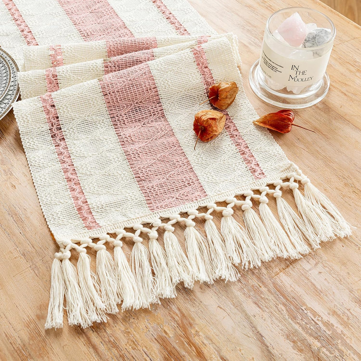 Pink Table Runner 48 Inches Long Boho Macrame Table Runner for Home Decor, Farmhouse Table Runners with Tassels for Party Bohemian Rustic Bridal Shower Dining Decor 12x48 Inches