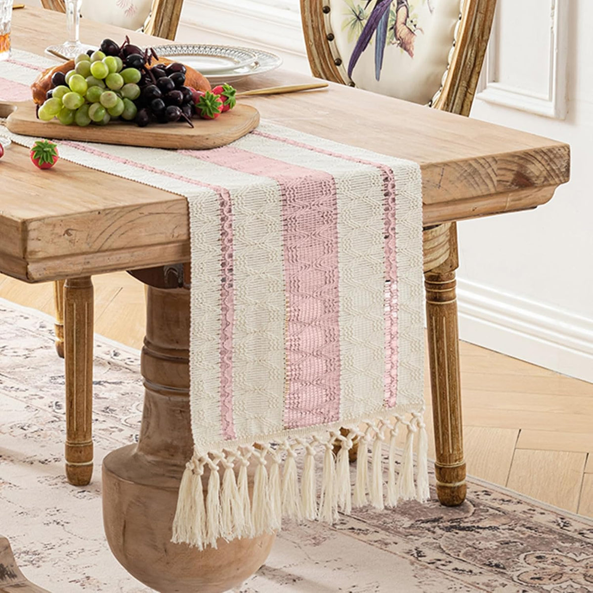 Pink Table Runner 48 Inches Long Boho Macrame Table Runner for Home Decor, Farmhouse Table Runners with Tassels for Party Bohemian Rustic Bridal Shower Dining Decor 12x48 Inches