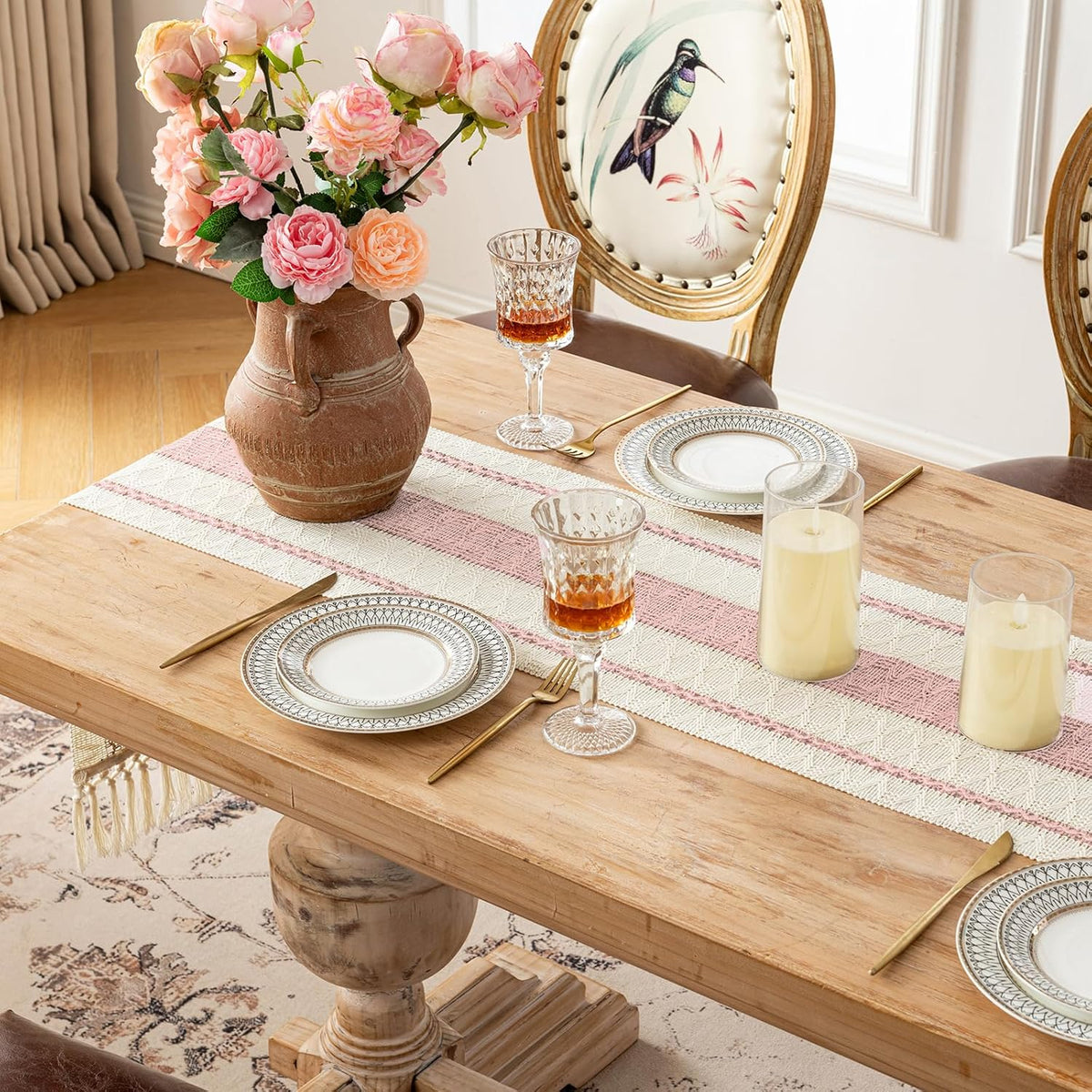 Pink Table Runner 48 Inches Long Boho Macrame Table Runner for Home Decor, Farmhouse Table Runners with Tassels for Party Bohemian Rustic Bridal Shower Dining Decor 12x48 Inches