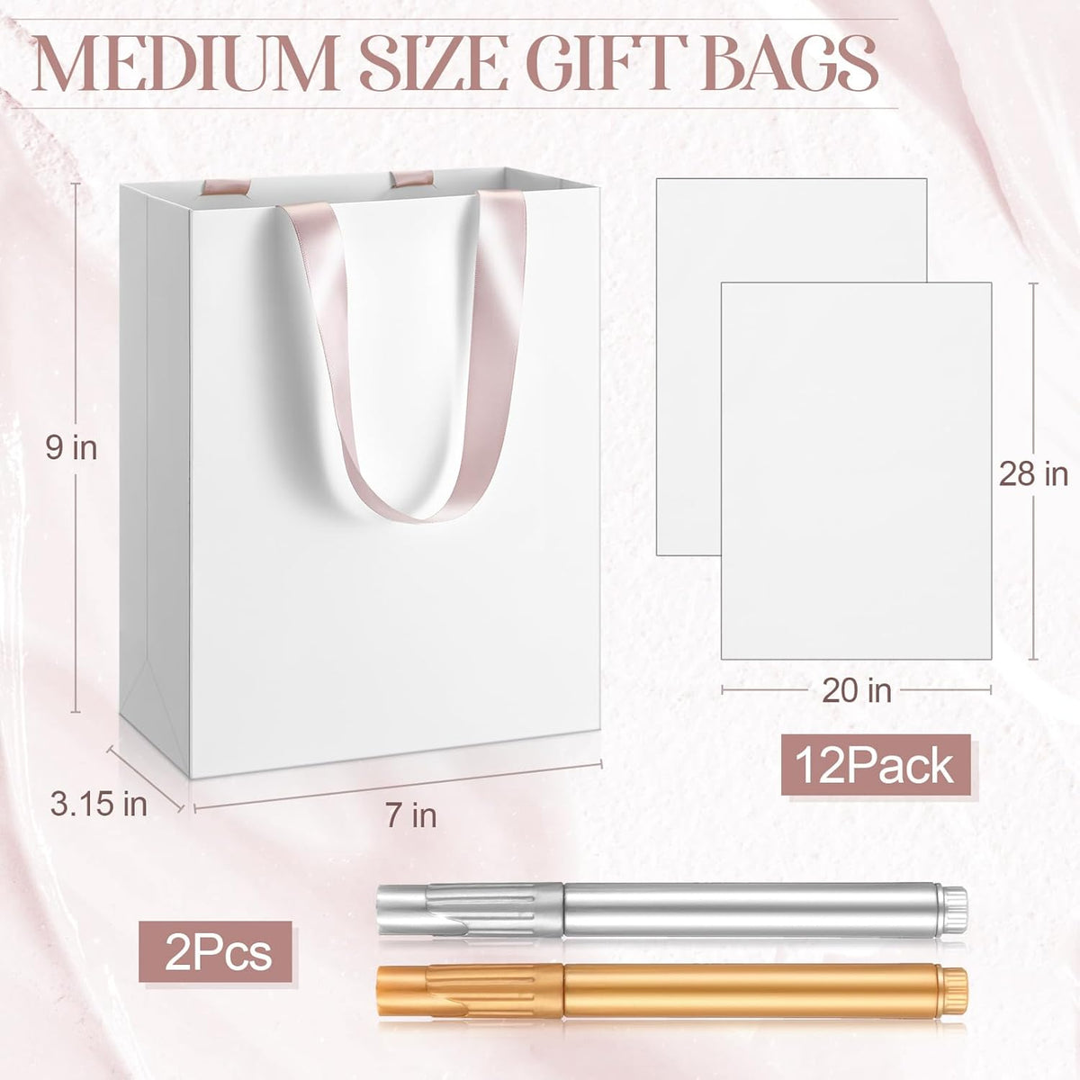 Yeaqee 24 Pcs 12 Sets Wedding Gift Bags with Metallic Markers Tissue Paper, 9 x 7 x 3.15 Personalized DIY Ribbon Handle Gift Bags for Valentines Birthday Shopping Bridal Baby Shower(White, Rose)