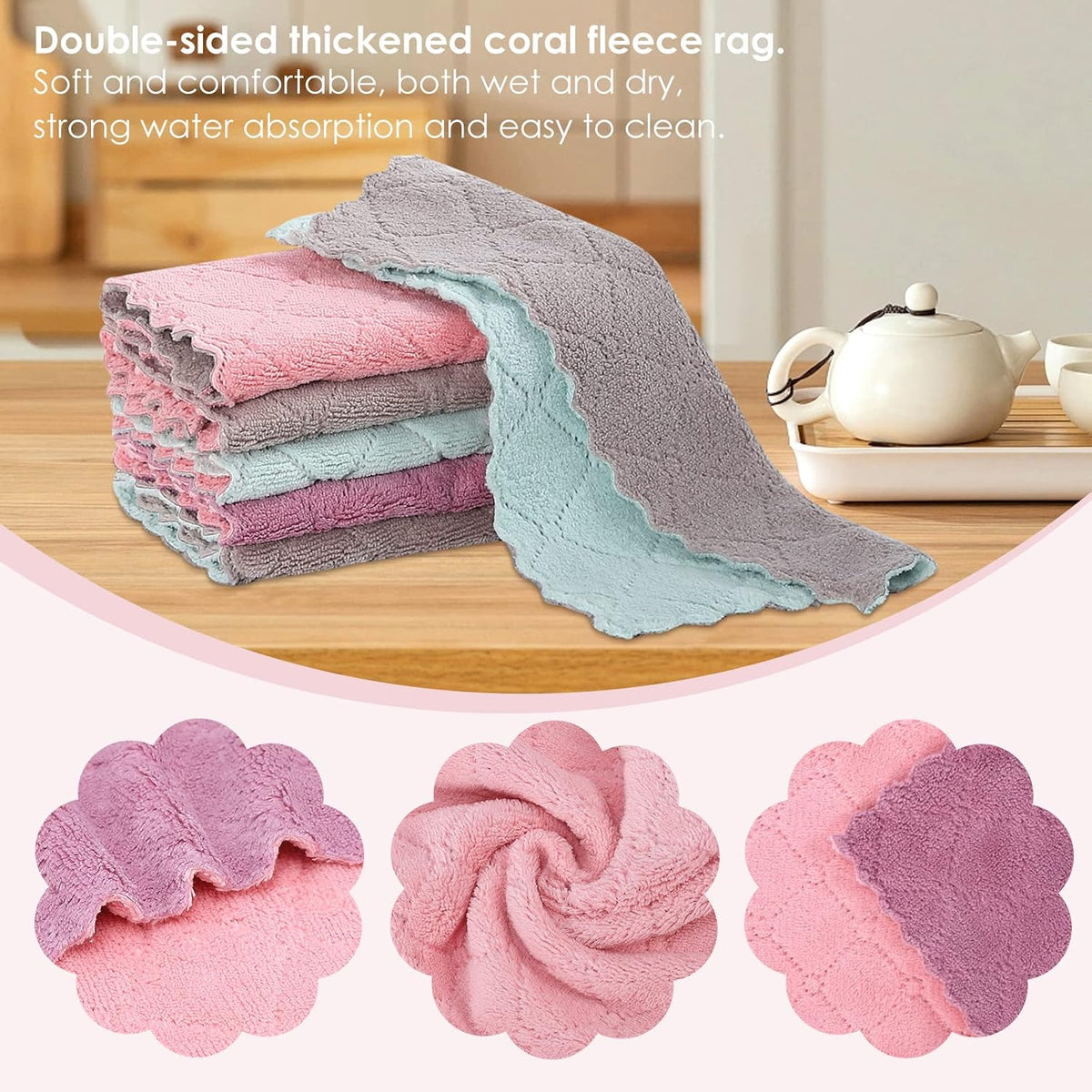 11Pack Kitchen Dish Cloths Reusable Dish Towels,Super Absorbent Coral Velvet Cleaning Cloths for Cleaning Tableware, Kitchen, Bathroom(Pink grey10 x 6")