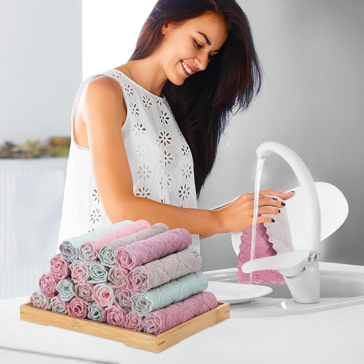 11Pack Kitchen Dish Cloths Reusable Dish Towels,Super Absorbent Coral Velvet Cleaning Cloths for Cleaning Tableware, Kitchen, Bathroom(Pink grey10 x 6")