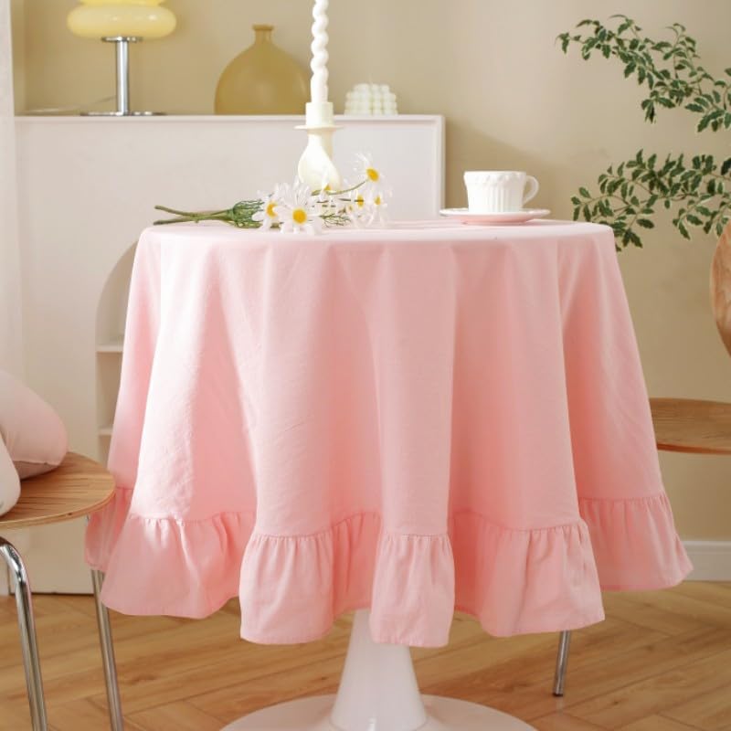 Cotton Linen Table Cloths Retro Farmhouse Heavy Fabric Table Cover Pink White Washable Table Top for Parties Coffee Kitchen Picnic Round Table Cloth (Pink,Round, 47")