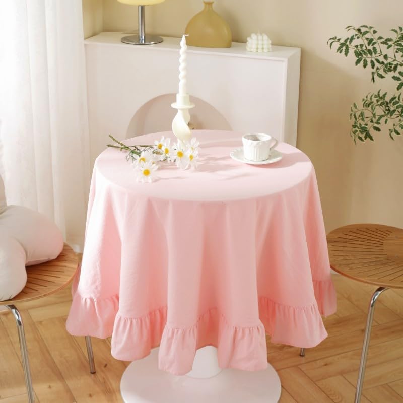 Cotton Linen Table Cloths Retro Farmhouse Heavy Fabric Table Cover Pink White Washable Table Top for Parties Coffee Kitchen Picnic Round Table Cloth (Pink,Round, 47")