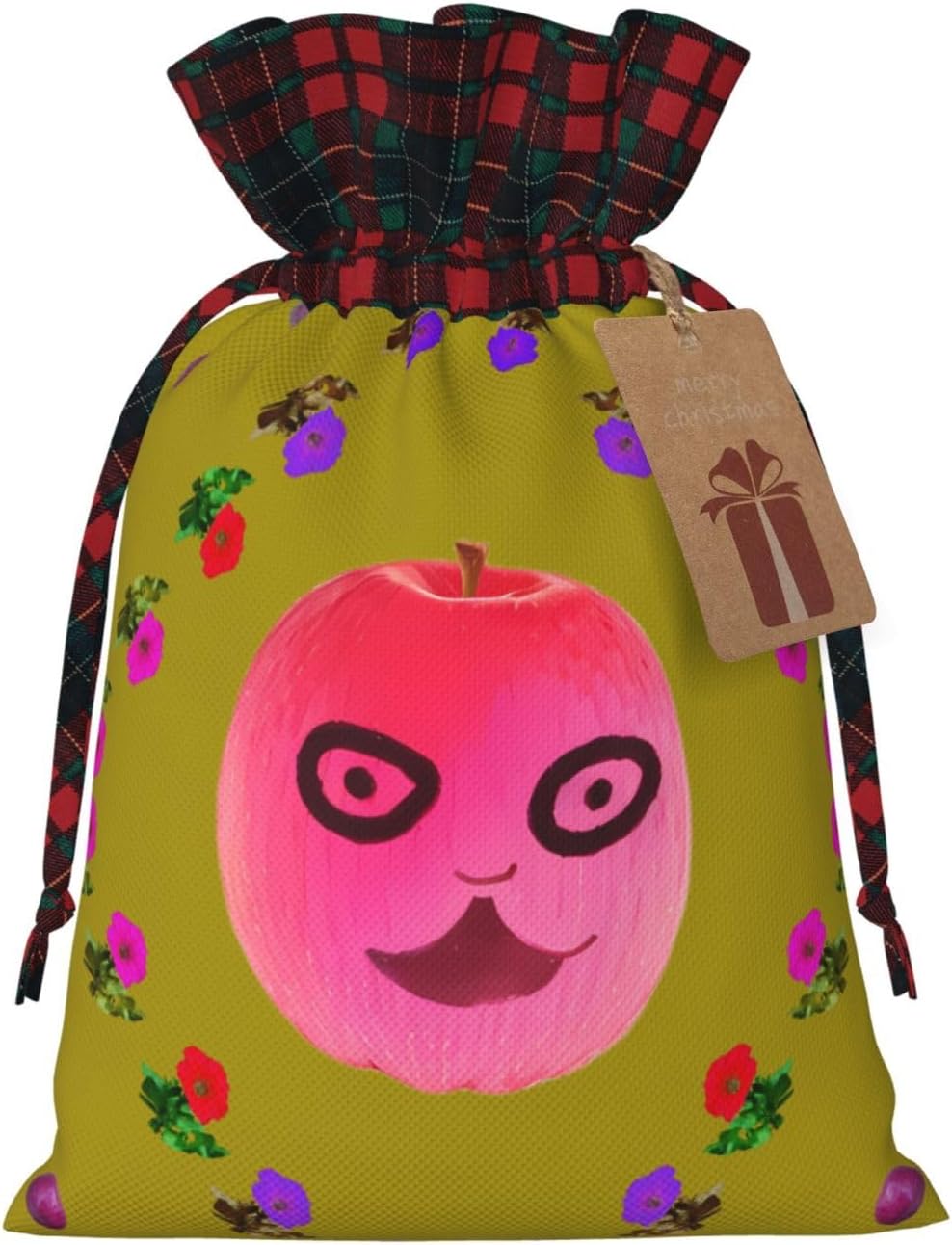 Funny Face Peach Printed Reusable Christmas Gift Bag – Holiday Drawstring Pouches for Xmas, Birthdays, Weddings