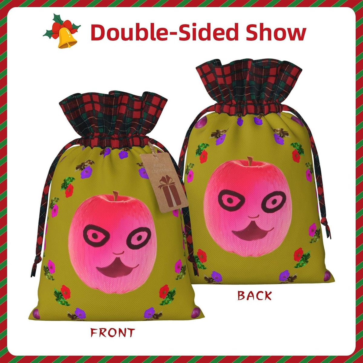 Funny Face Peach Printed Reusable Christmas Gift Bag – Holiday Drawstring Pouches for Xmas, Birthdays, Weddings
