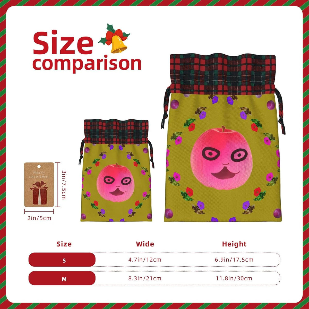 Funny Face Peach Printed Reusable Christmas Gift Bag – Holiday Drawstring Pouches for Xmas, Birthdays, Weddings