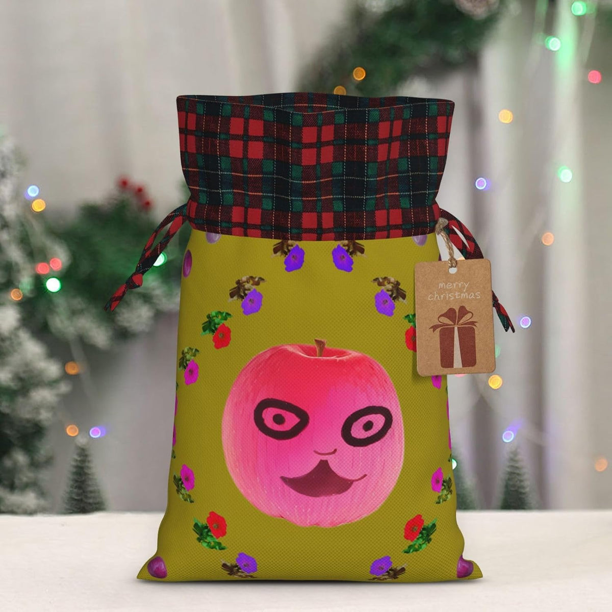 Funny Face Peach Printed Reusable Christmas Gift Bag – Holiday Drawstring Pouches for Xmas, Birthdays, Weddings