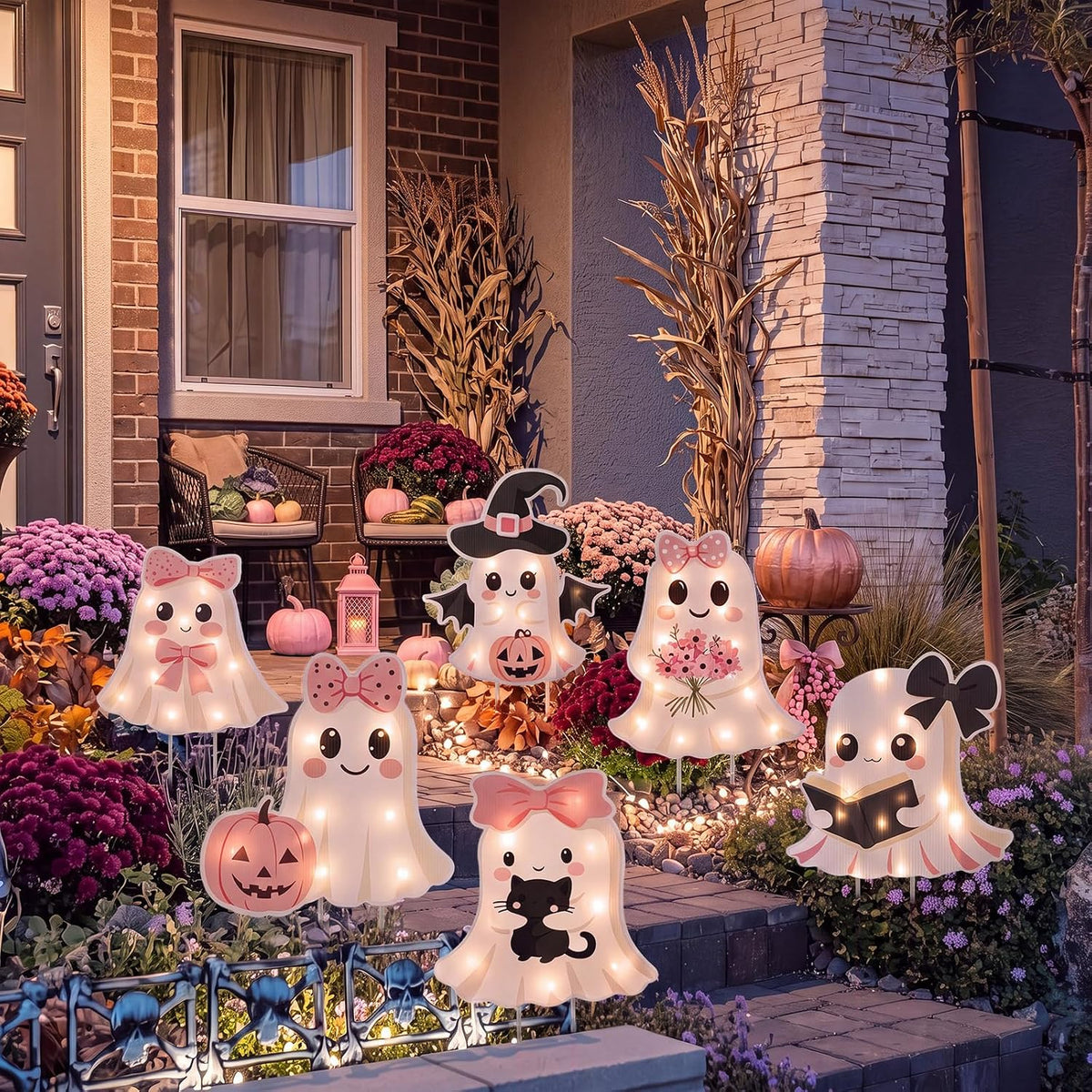 6 Pack Halloween Ghost Yard Stakes Pink Bow Lighted Outdoor Decor