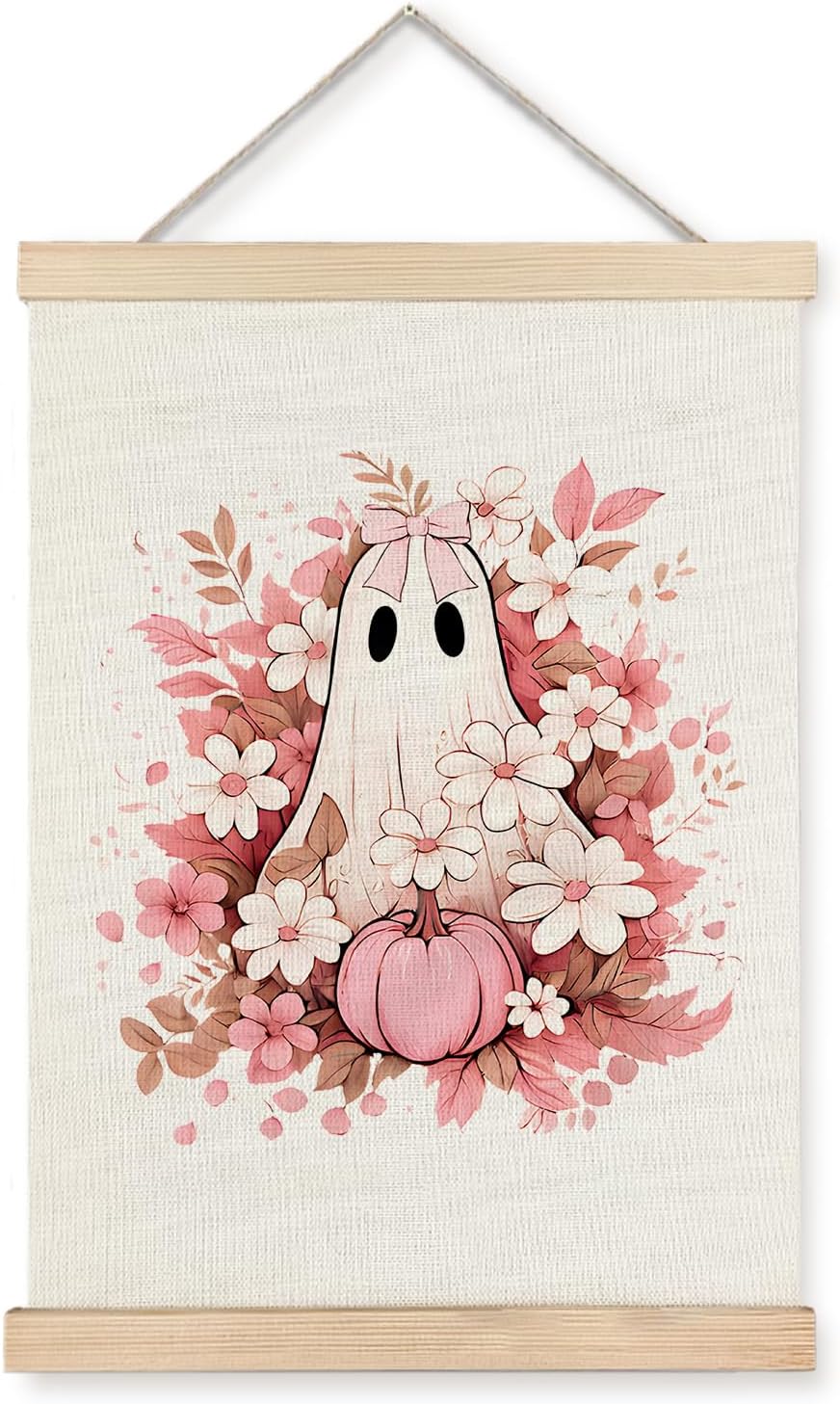 Supwhd Fall Floral Halloween Ghost Wall Art with Wooden Poster Hanger, Pink Bow Ghost Coquette Wall Decor, Coquette Preppy Room Decor, Halloween Pictures Wall Decor, 12x16