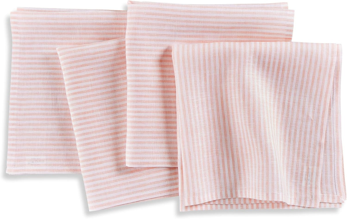 Solino Home 100% Pure Linen Napkins Set of 4 - Narrow Stripe Peach and White Cloth Dinner Napkins 20x20 Inch, Handcrafted Machine Washable - Spring, Summer