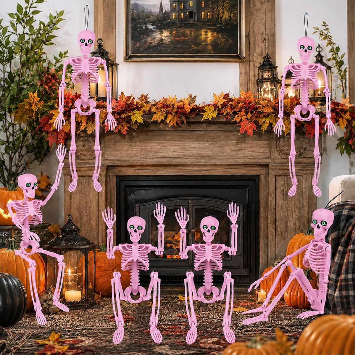 6 Pack Halloween Skeleton Decor 16" with Eyes & Box (Pink)