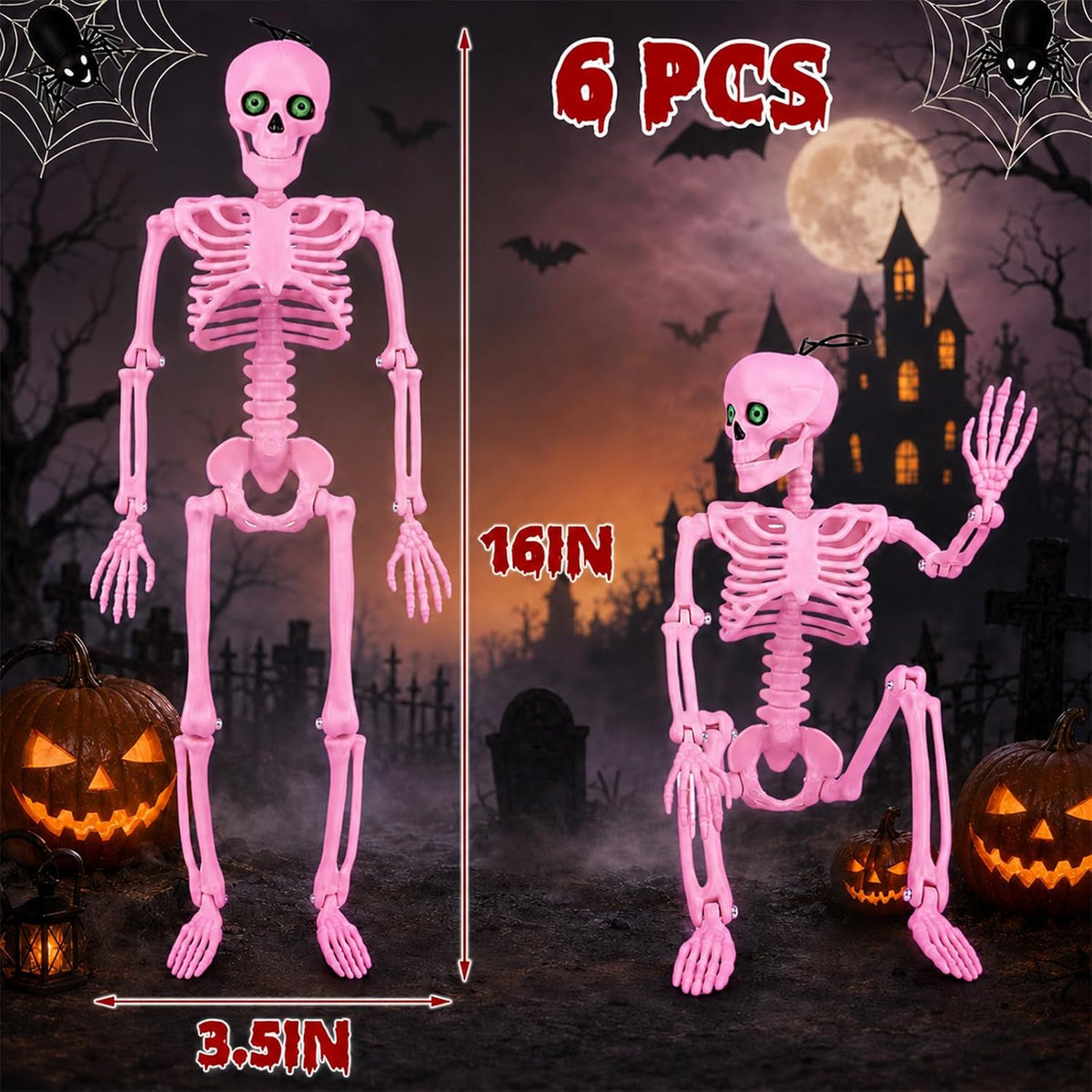 6 Pack Halloween Skeleton Decor 16" with Eyes & Box (Pink)
