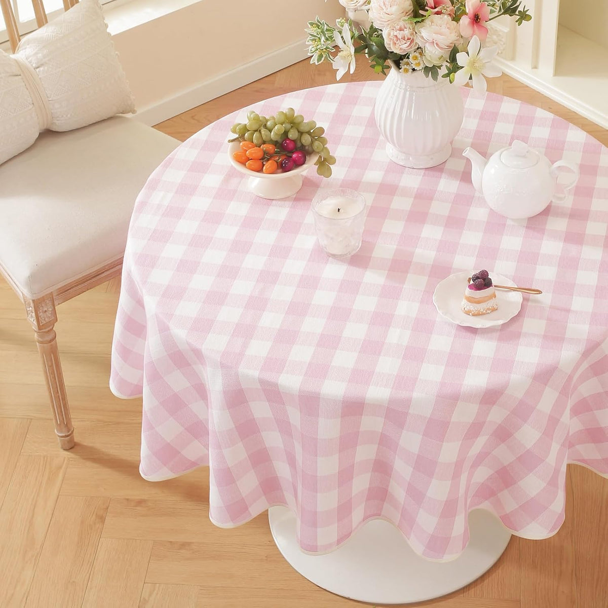 Pink Gingham Table Cloth Round Tables Buffalo Plaid Checkered Tablecloth Cotton Linen Farmhouse Tablecloths Washable Wrinkle Free for Baby Shower Picnic Kitchen, 60", 2-4 Seats