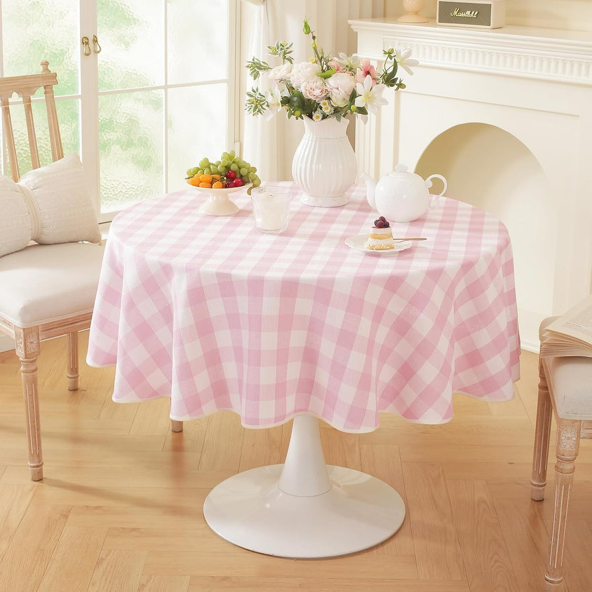 Pink Gingham Table Cloth Round Tables Buffalo Plaid Checkered Tablecloth Cotton Linen Farmhouse Tablecloths Washable Wrinkle Free for Baby Shower Picnic Kitchen, 60", 2-4 Seats