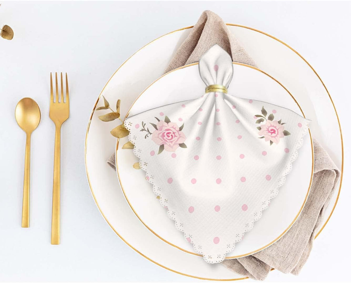 Yibeas Floral Polka Dot Background Cloth Napkins Dinner Table Napkins Shabby Chic Style Pattern with Pink Roses Washable Reusable Napkins Set of 4 Home Holiday Party Wedding
