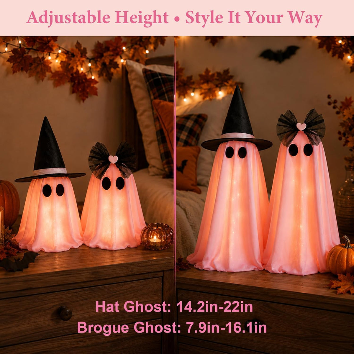 Halloween Ghost Decorations, 2 Pcs Pink Light Up Ghost Decor with Remote