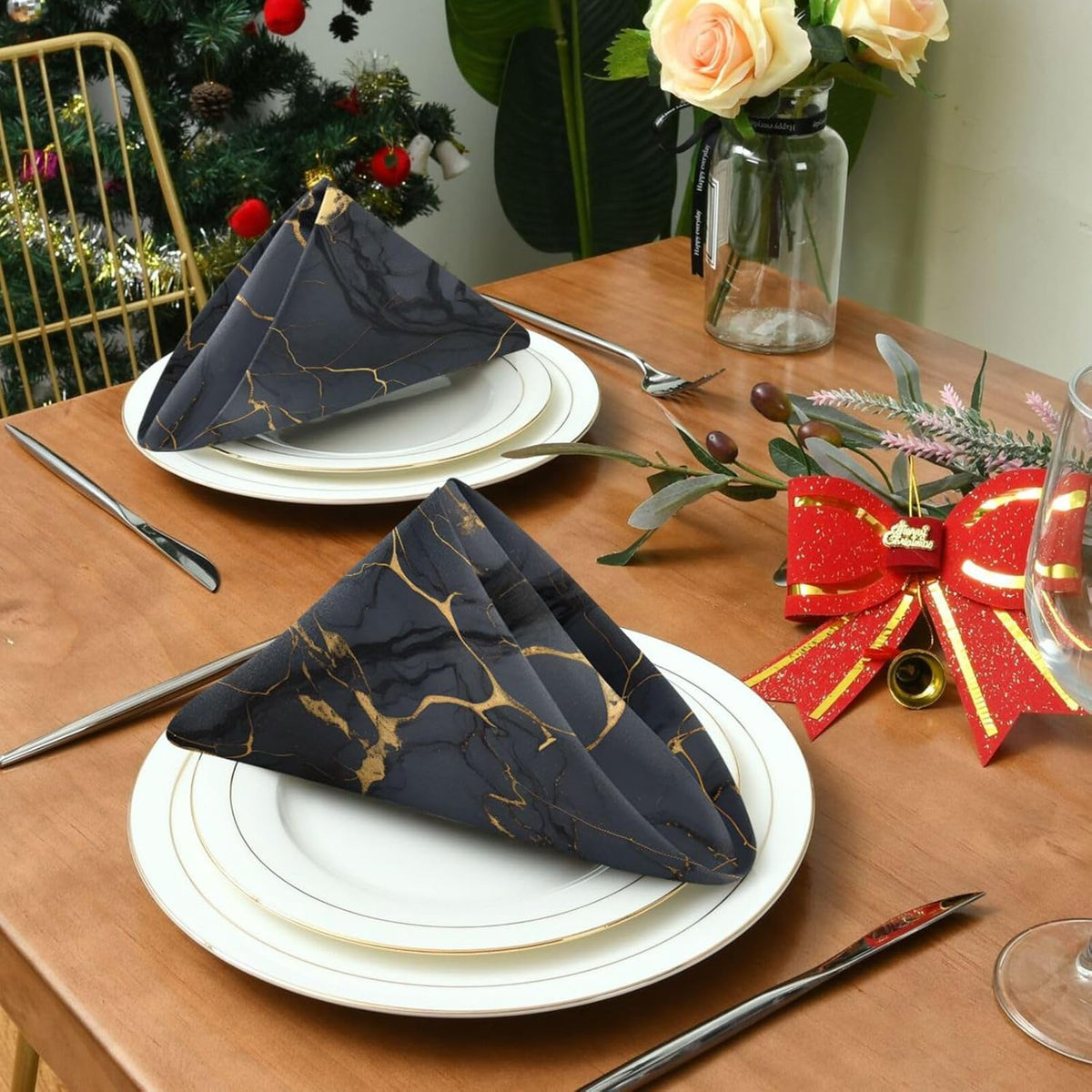 ALAZA Black & Gold Marble Cloth Napkins Set of 6, 20x20 Inch Washable and Reusable Napkin for Decoupage Dinner Party Everyday Use