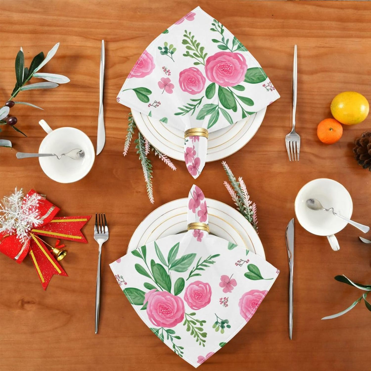 YETTASBIN Pink Flowers Cloth Napkins Set of 1, Reusable Washable Oversized Table Napkins for Family Wedding Dinner Party Home Decor, 20 Inch