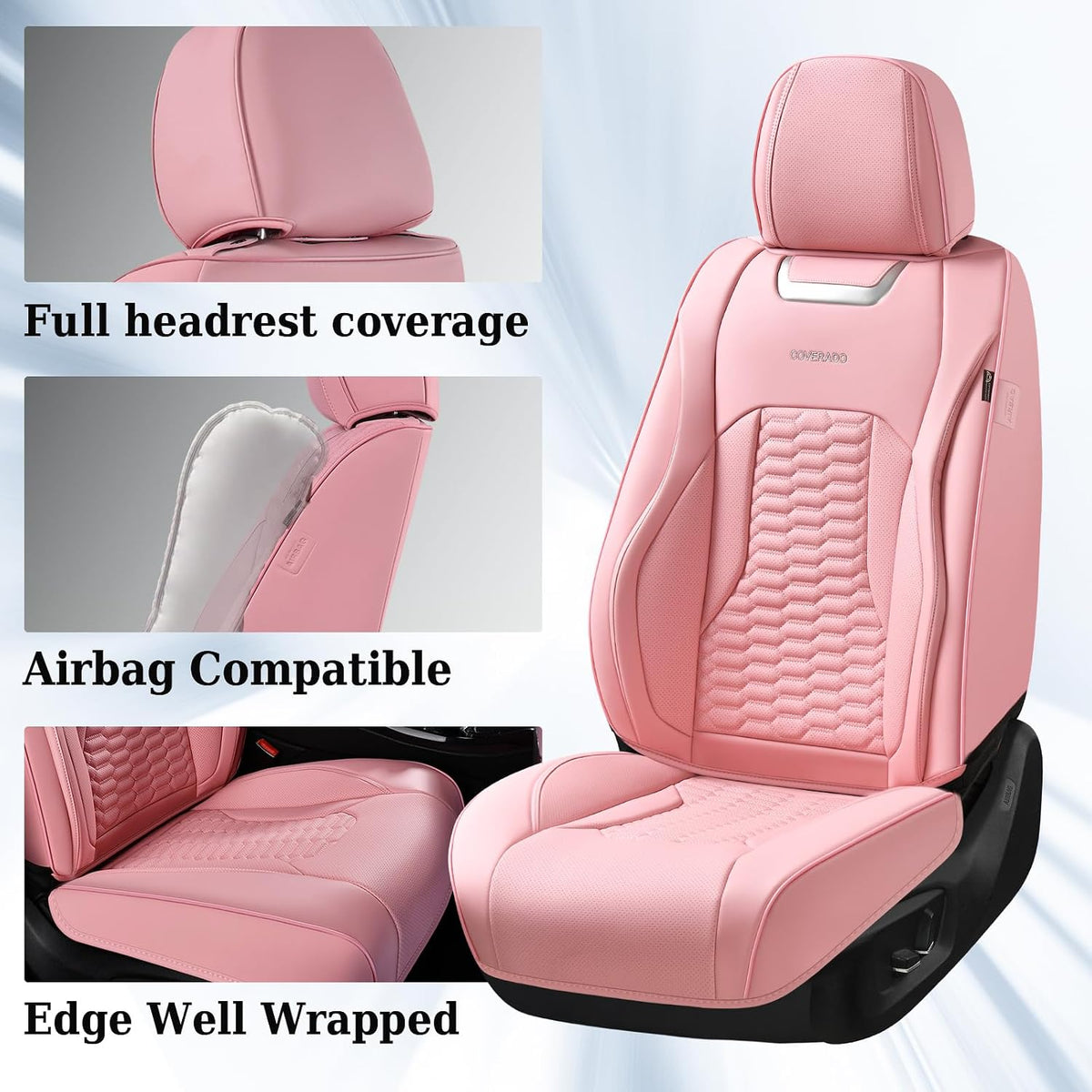 Coverado Car Seat Covers Full Set, 5 Seats Pink Seat Covers for Cars, Nappa Leather Waterproof Car Seat Covers Automotive Seat Covers Interior Accessories Universal Fit Most Cars