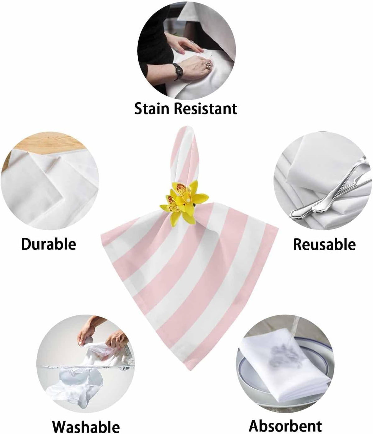 Pink Stripes Cloth Napkins Set of 4, Washable Reusable Dinner Cocktail Napkin for Kitchen Party Wedding Banquet Holiday Baby Shower Table Decor Farmhouse White Simple Vertical Striped