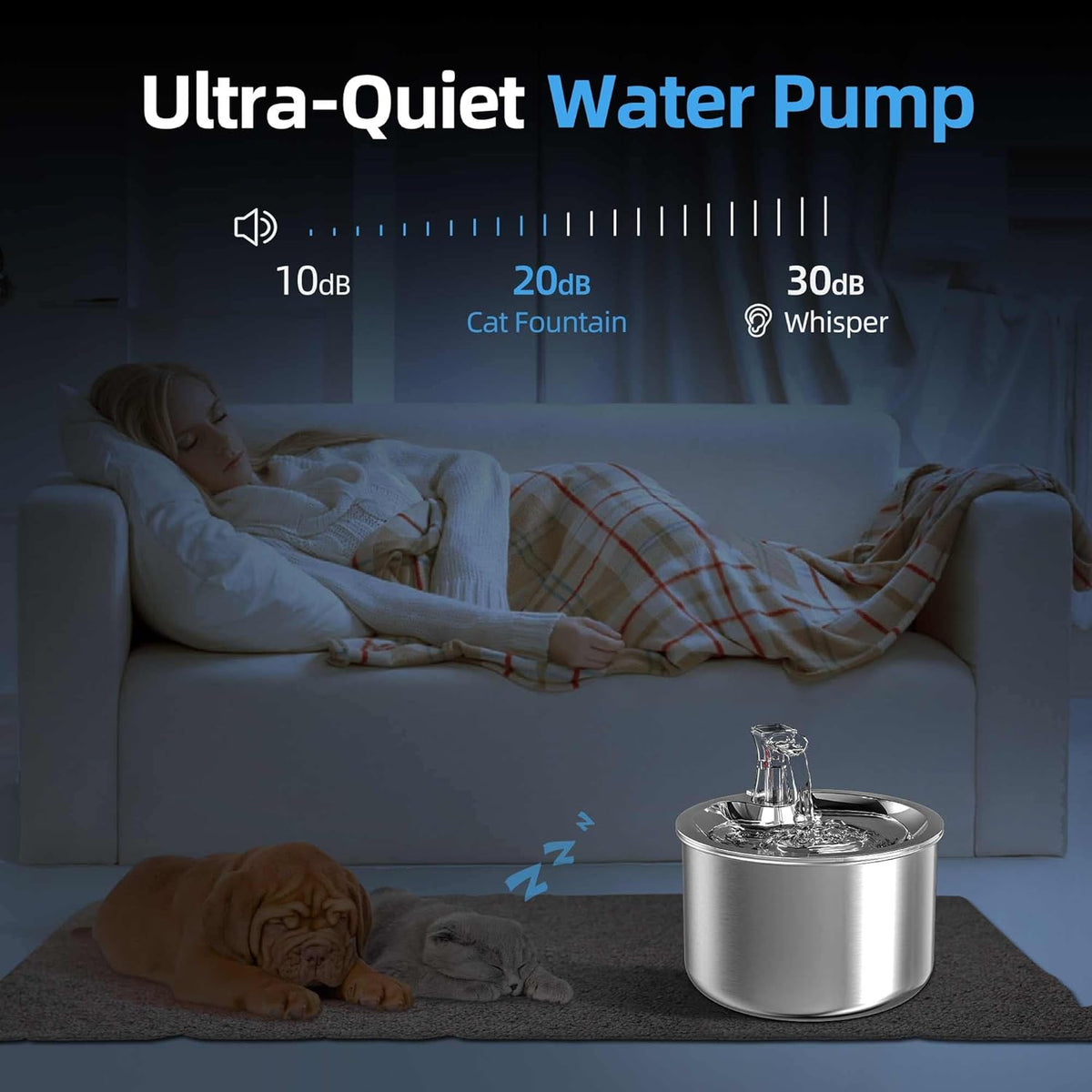 Homtyler Cat Water Fountain, Stainless Steel Inside Ultra-Quiet Pump, 2L/67oz Automatic Dog Dispenser Water Bowl, Multiple Pets Water Fountain