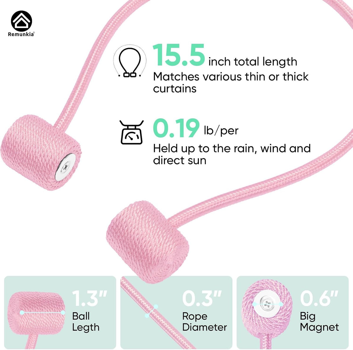 Magnetic Curtain Tiebacks 4 Pack, Curtain Tie Backs Holder, Outdoor Curtains Tiebacks Window Treatment Holdbacks with Strong Magnet Modern Rope Tiebacks Decorative All Drape Curtains - Pink