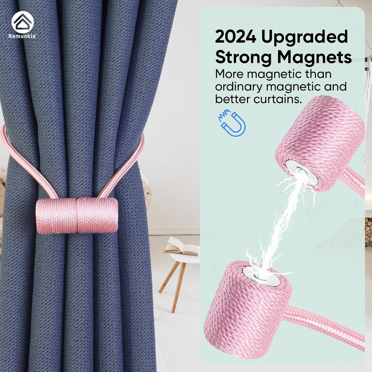 Magnetic Curtain Tiebacks 4 Pack, Curtain Tie Backs Holder, Outdoor Curtains Tiebacks Window Treatment Holdbacks with Strong Magnet Modern Rope Tiebacks Decorative All Drape Curtains - Pink