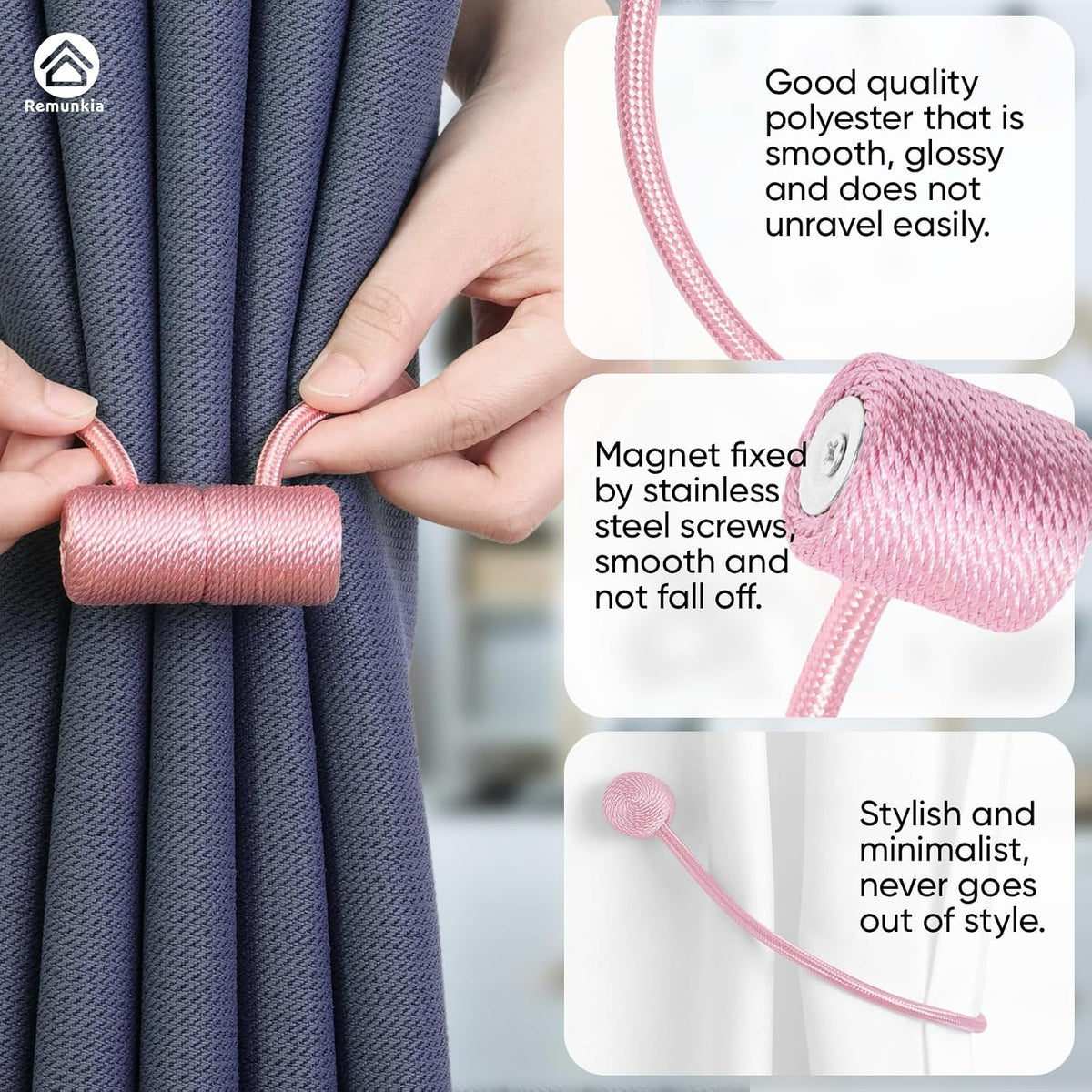 Magnetic Curtain Tiebacks 4 Pack, Curtain Tie Backs Holder, Outdoor Curtains Tiebacks Window Treatment Holdbacks with Strong Magnet Modern Rope Tiebacks Decorative All Drape Curtains - Pink