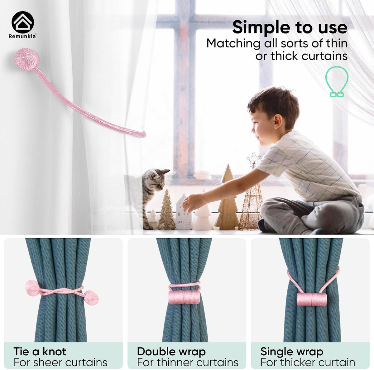Magnetic Curtain Tiebacks 4 Pack, Curtain Tie Backs Holder, Outdoor Curtains Tiebacks Window Treatment Holdbacks with Strong Magnet Modern Rope Tiebacks Decorative All Drape Curtains - Pink