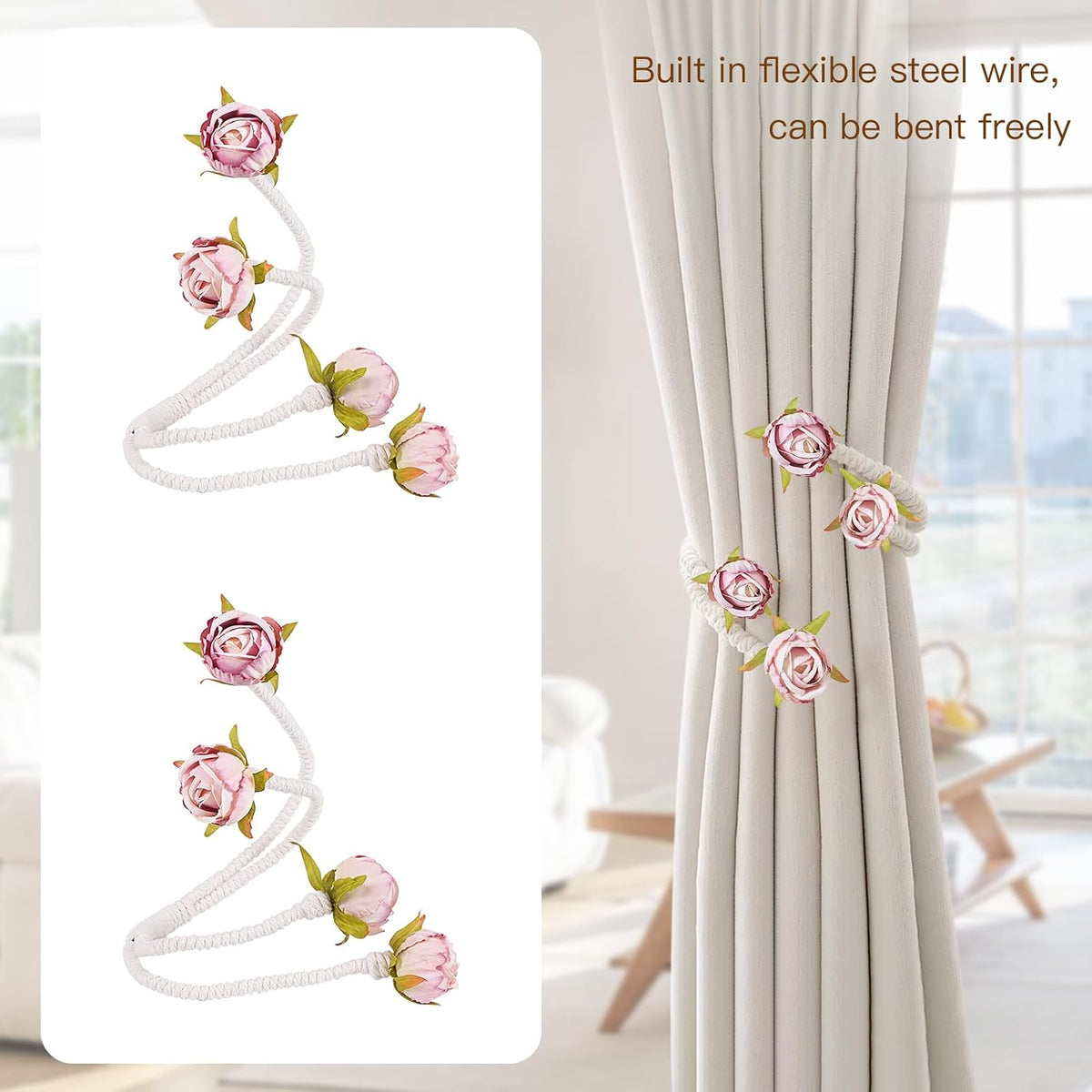 Decorative Pink Rose Curtain Tieback with Artificial Flowers, Pink Roses on White Twisted Rope, Woven Rope Curtain Holdbacks, Elegant Window Treatment 2pcs (2)