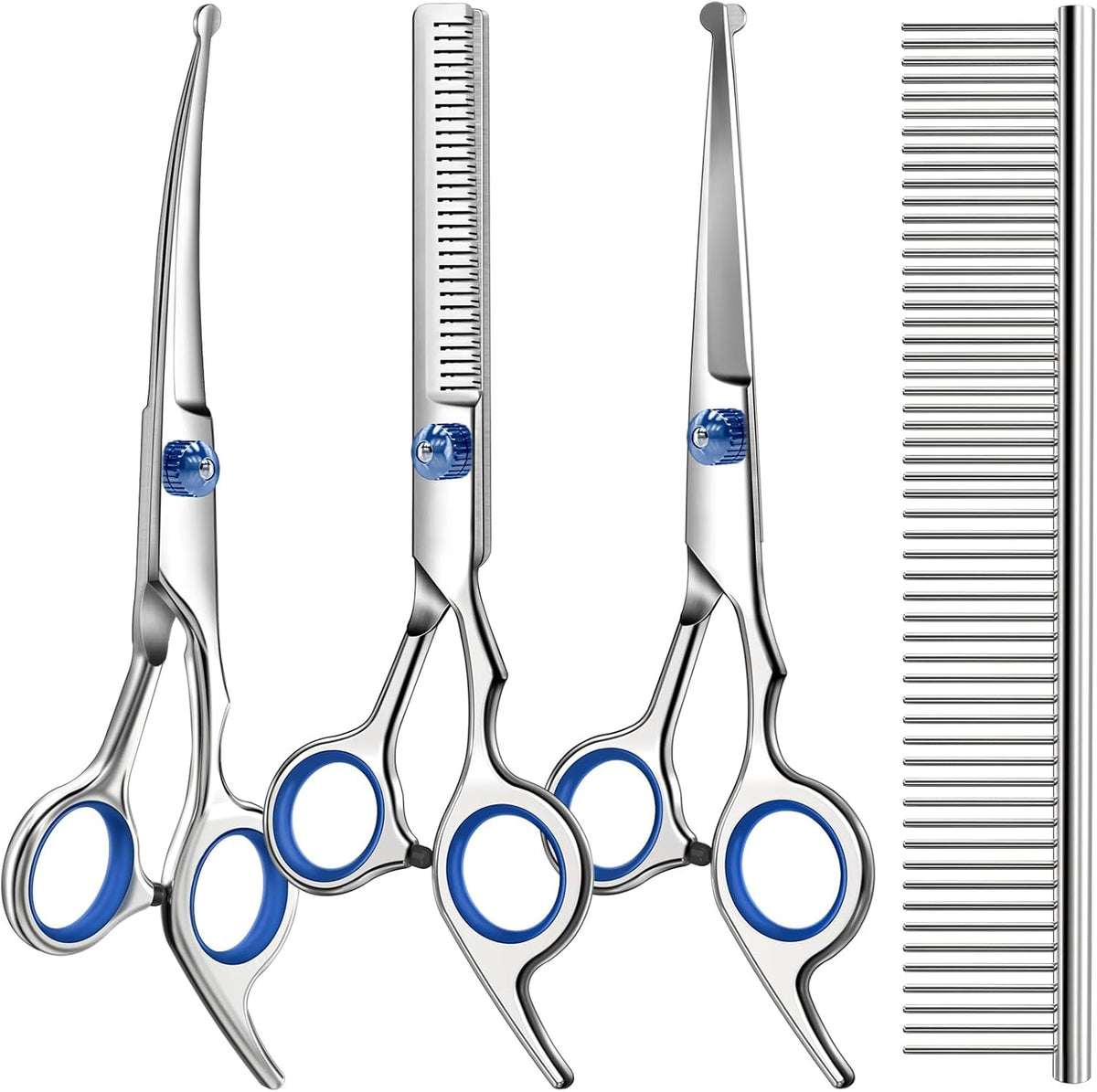Professional 4 in 1 Dog & Cat Grooming Scissors Kit with Safety Round Tips,Sharp & Durable,Dog Shears for Grooming - Includes Straight, Curved, Thinning Scissors and Comb - Premium Pet Supplies