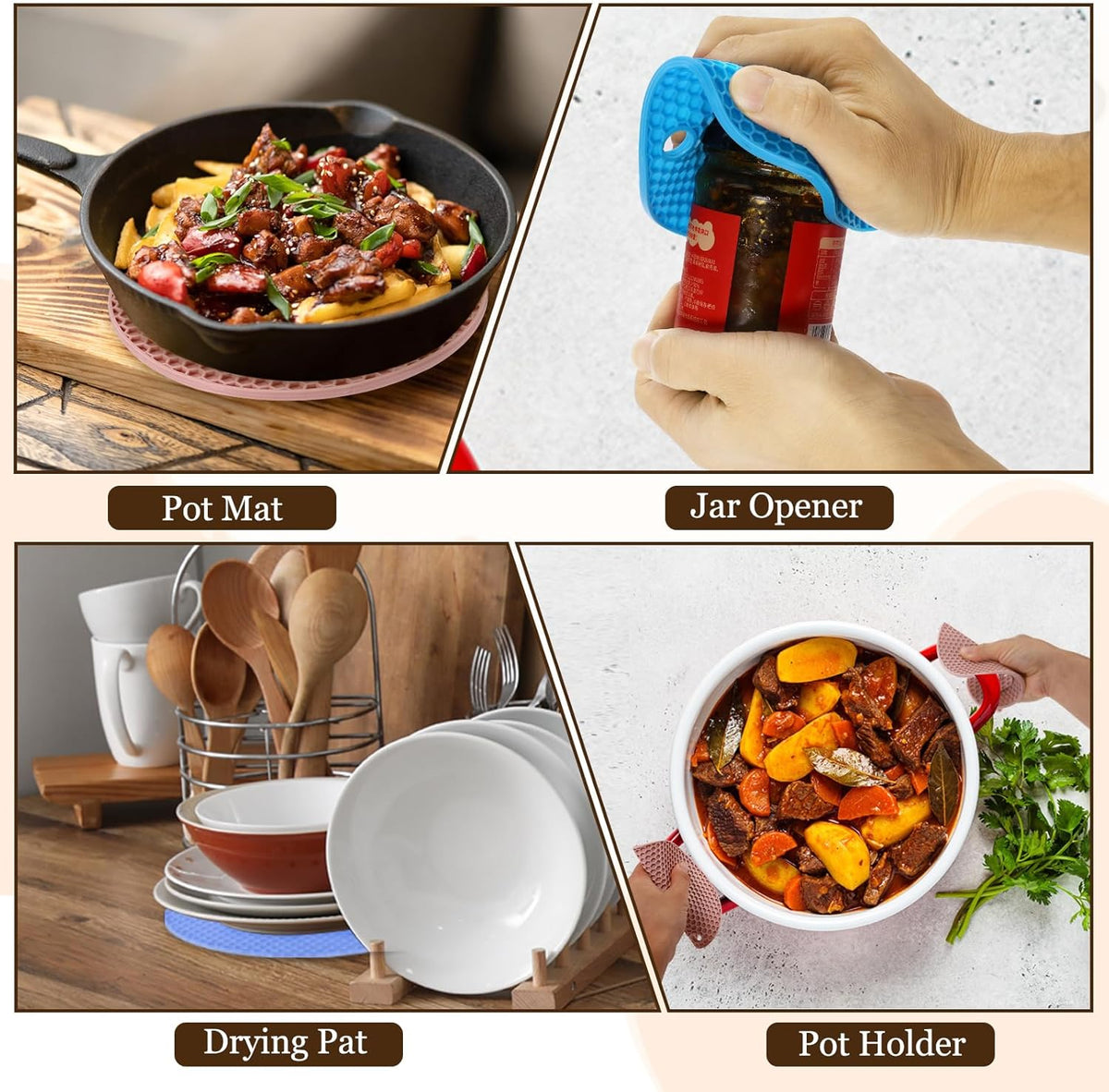 Silicone Trivet Mats for Hot Dishes 7 Inch, 4 Pcs Multi-Functional Non-Slip Hot Pads Heat Resistant Pot Holder Hot Plate Mats for Kitchen Counter Table, Pink