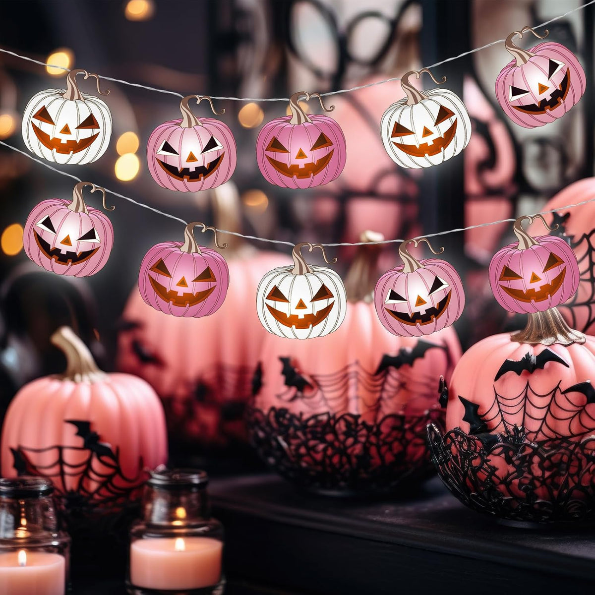 20 Halloween Pink Pumpkin LED String Lights Battery Operated