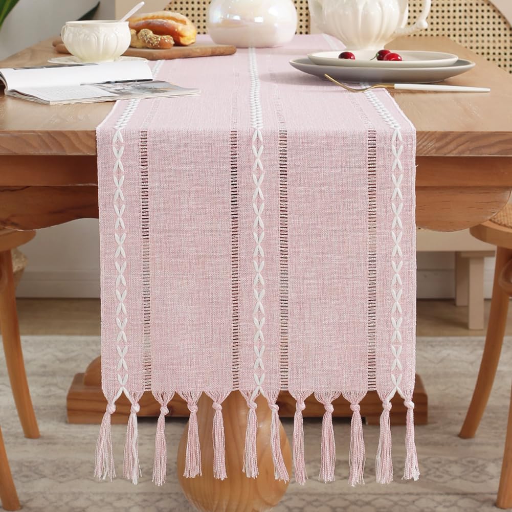Rustic Table Runner with Tassels, Farmhouse Boho Table Runners Braided Striped, Cotton Linen Table Decoration for Dining Party Holiday and Wedding, 94 Inches, Pink