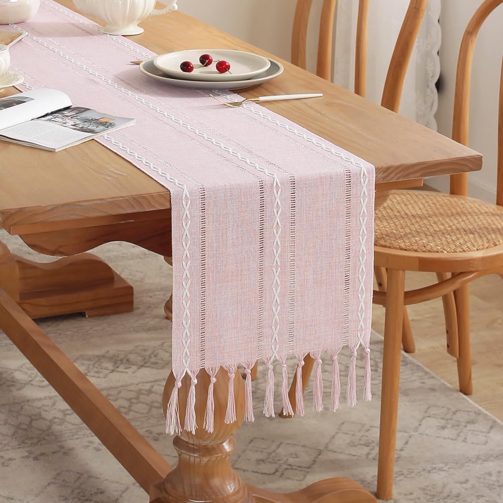 Rustic Table Runner with Tassels, Farmhouse Boho Table Runners Braided Striped, Cotton Linen Table Decoration for Dining Party Holiday and Wedding, 94 Inches, Pink