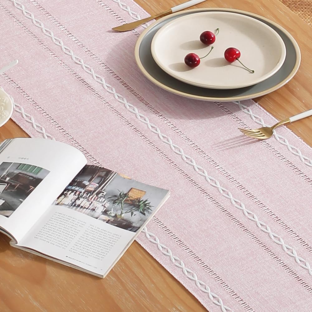 Rustic Table Runner with Tassels, Farmhouse Boho Table Runners Braided Striped, Cotton Linen Table Decoration for Dining Party Holiday and Wedding, 94 Inches, Pink