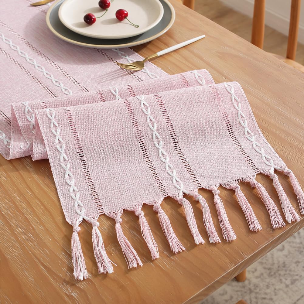 Rustic Table Runner with Tassels, Farmhouse Boho Table Runners Braided Striped, Cotton Linen Table Decoration for Dining Party Holiday and Wedding, 94 Inches, Pink