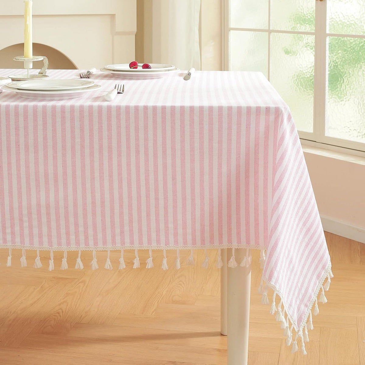 Striped Square Tablecloth, Cotton Blend Fabric Pink Table Cloth with Tassel, Washable Wrinkle Free Table Cover Cute Small Tablecloths for Mahjong Card Coffee Tables and Outdoor - 55 x 55 Inch