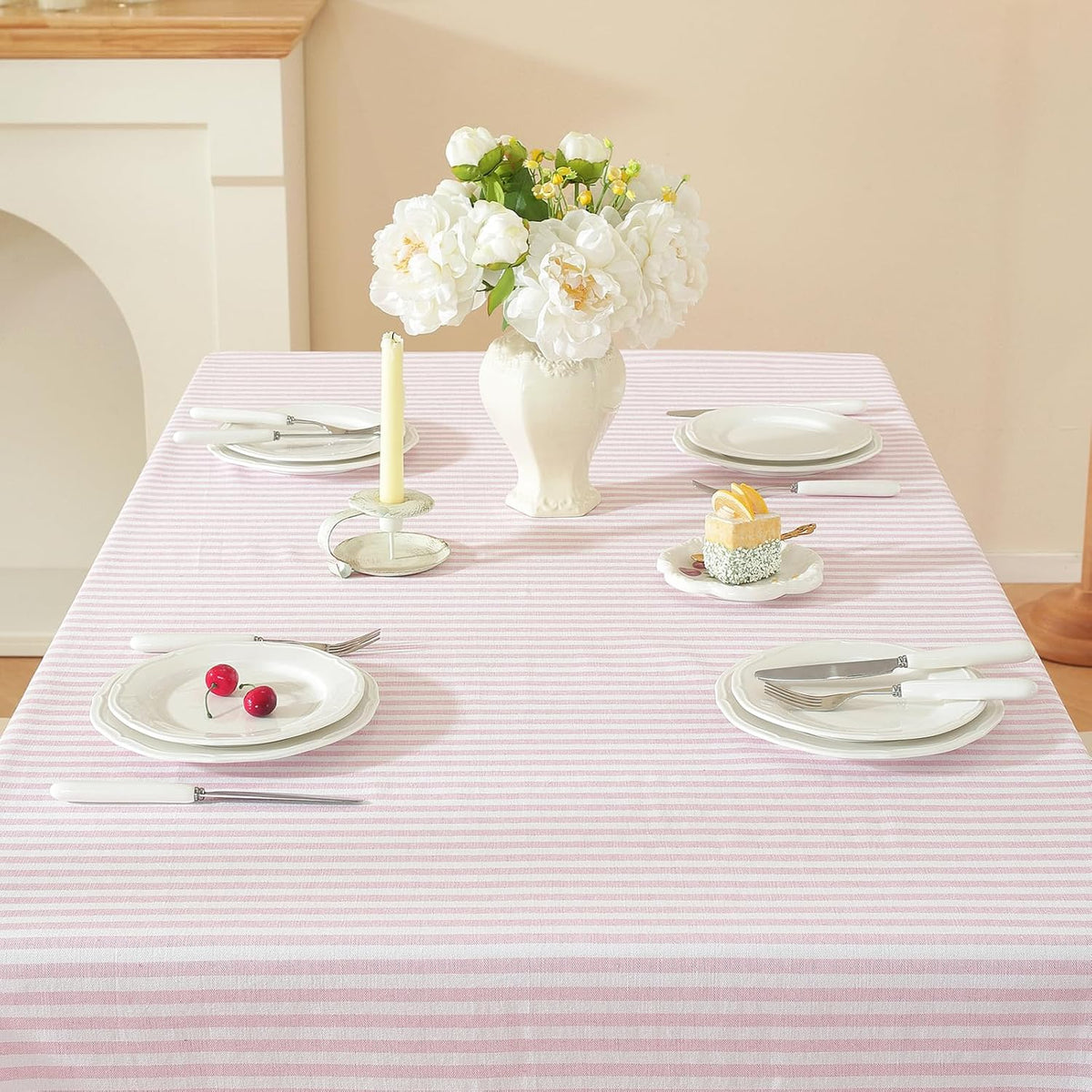 Striped Square Tablecloth, Cotton Blend Fabric Pink Table Cloth with Tassel, Washable Wrinkle Free Table Cover Cute Small Tablecloths for Mahjong Card Coffee Tables and Outdoor - 55 x 55 Inch