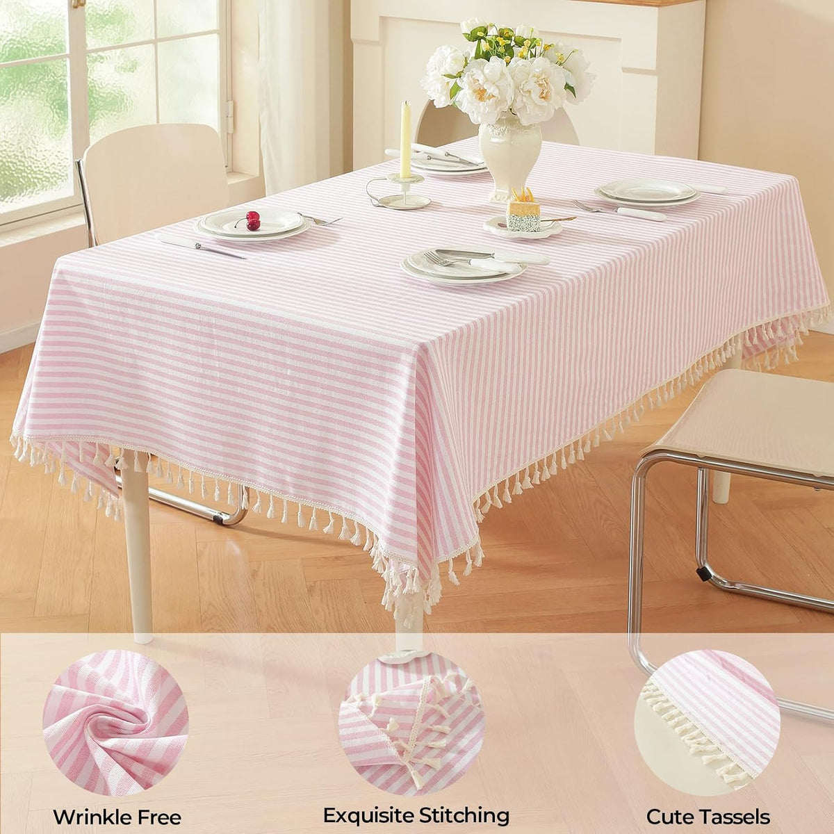 Striped Square Tablecloth, Cotton Blend Fabric Pink Table Cloth with Tassel, Washable Wrinkle Free Table Cover Cute Small Tablecloths for Mahjong Card Coffee Tables and Outdoor - 55 x 55 Inch