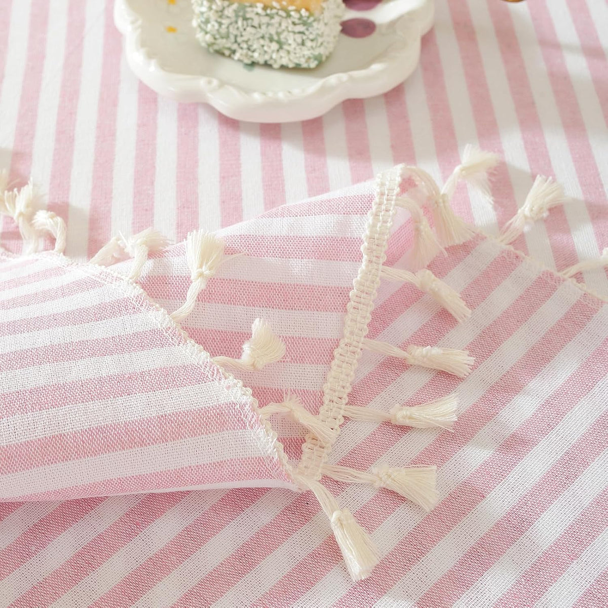 Striped Square Tablecloth, Cotton Blend Fabric Pink Table Cloth with Tassel, Washable Wrinkle Free Table Cover Cute Small Tablecloths for Mahjong Card Coffee Tables and Outdoor - 55 x 55 Inch