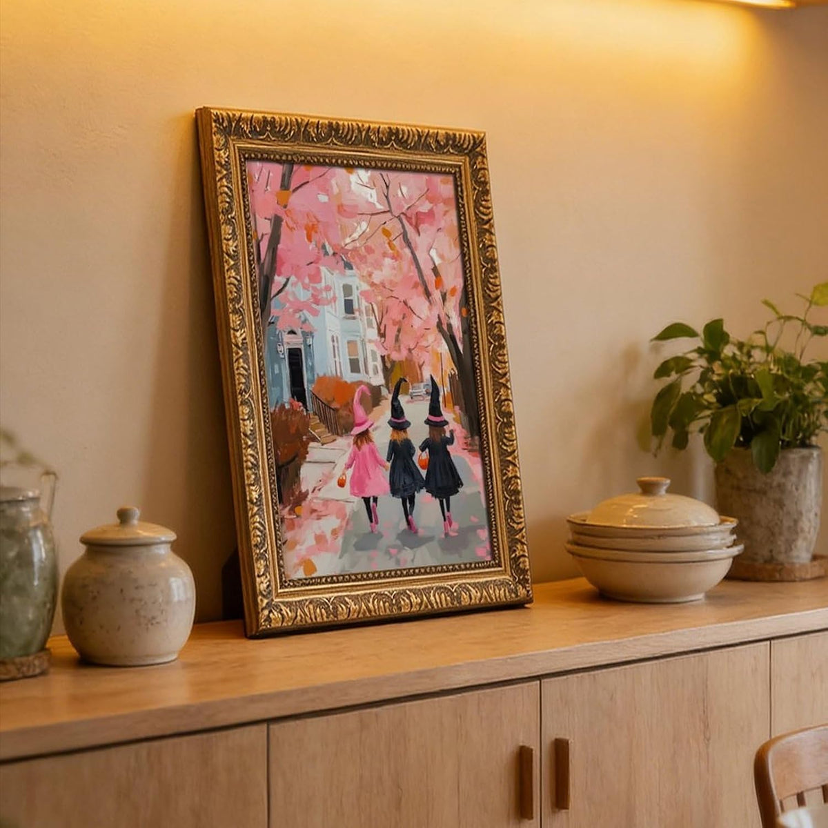 Trick or Treat Canvas Print Three Girls Pink Halloween Witch Art Whimsical Cute Wall Decor Spooky Fall Painting Retro Gold Framed Artwork for Living Room Bedroom Office Seasonal Home Decor 8"x12"
