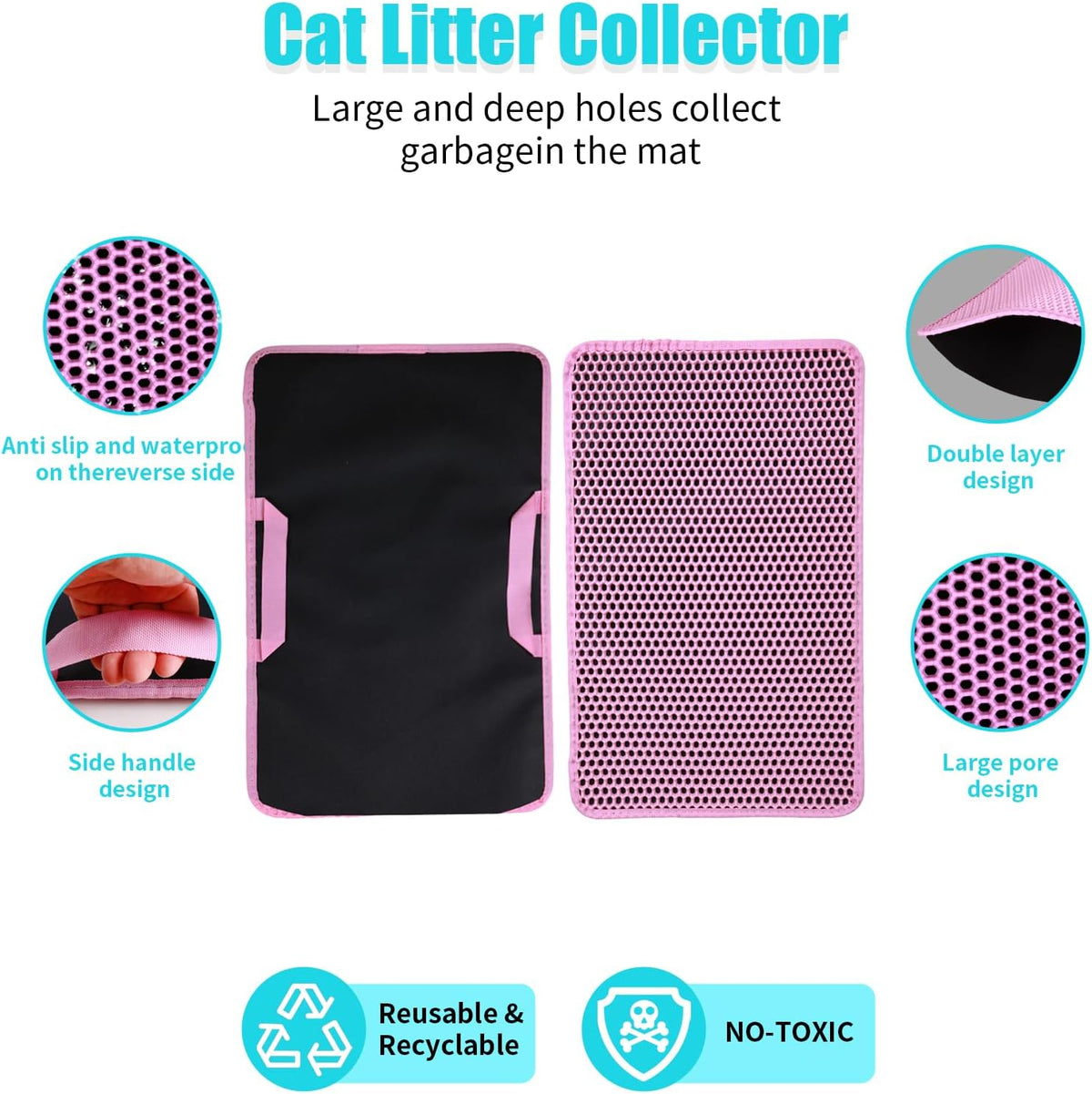 Cat Litter Mat 30"x24", Double Layer Waterproof Litterbox Mat, Pink
