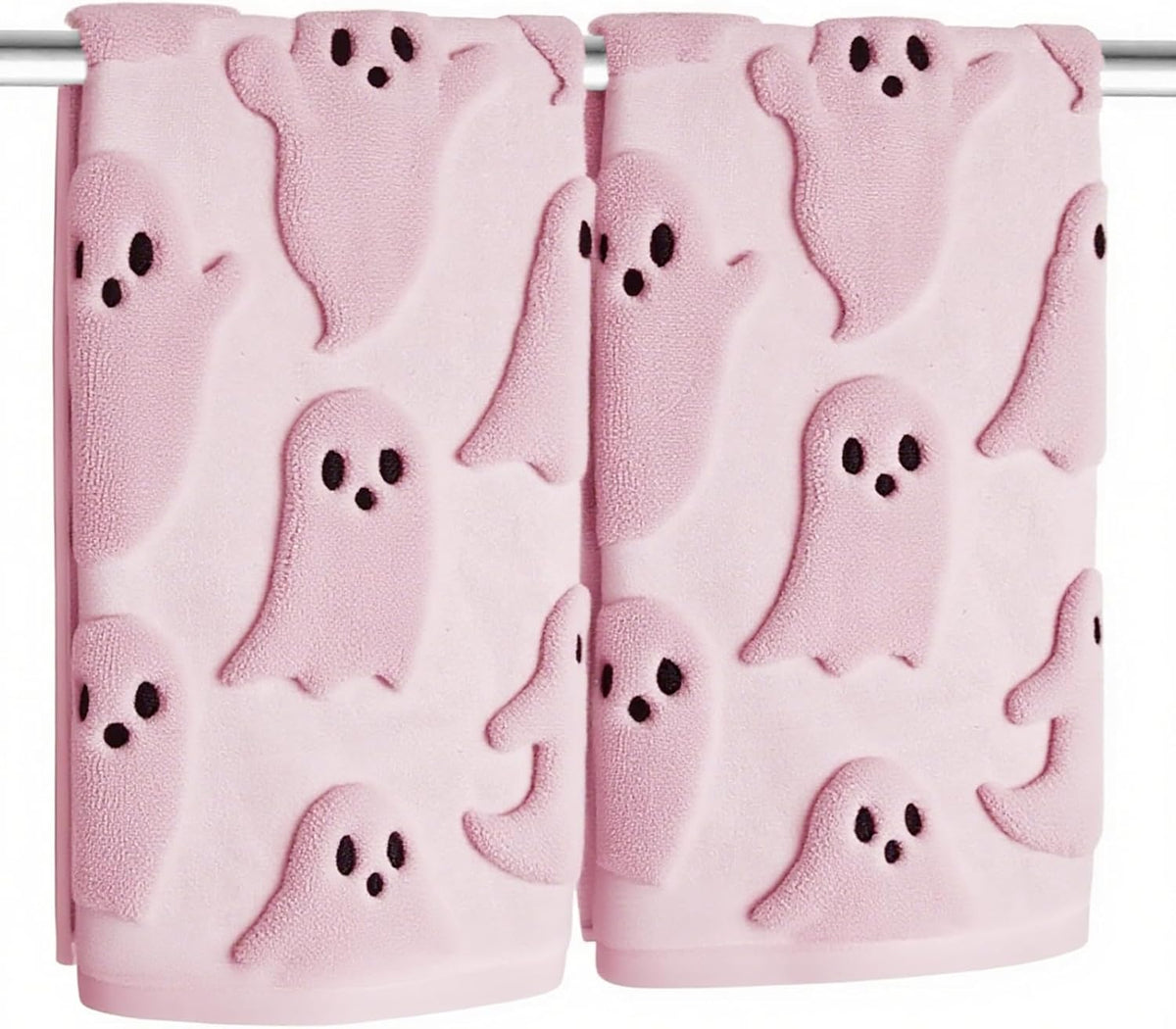 2 Pack Halloween Hand Towels 100% Cotton Jacquard Ghost Halloween Kitchen Towels White Bathroom Towels Set Seasonal Bathroom Decor (Pink Ghost, Halloween)